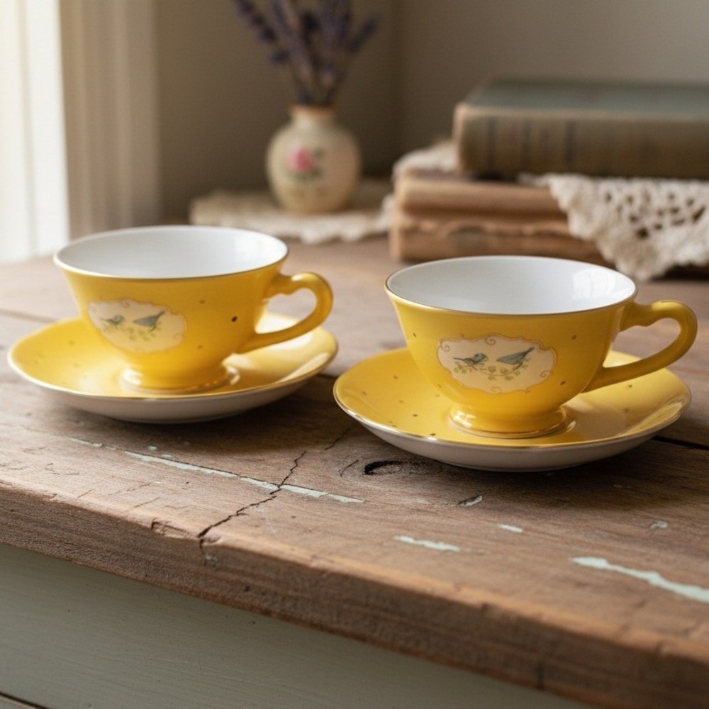 Anthropologie Yellow Blue Bird Set of 2 Teacups Saucers Gold Trim Polka Dot